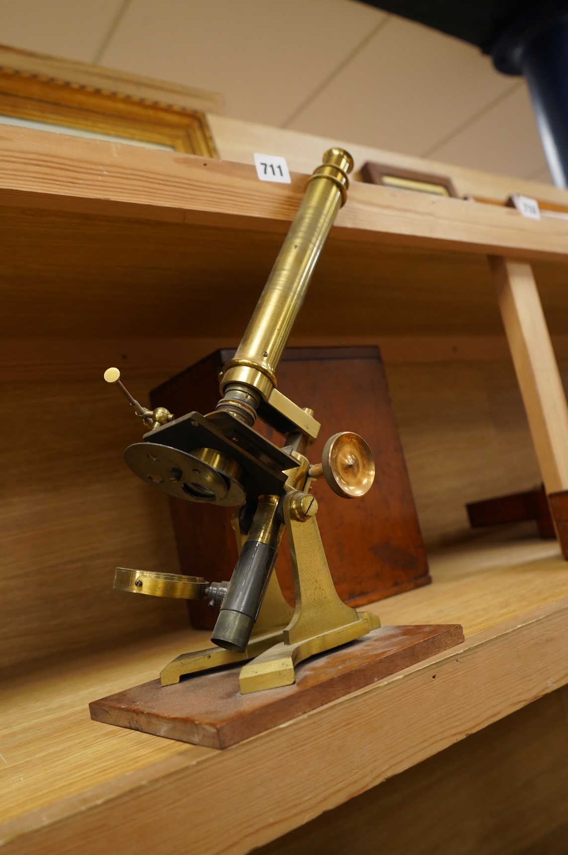 A late 19th century lacquered brass spectroscope, in three sections , by John Brown, 63, Strand, London, mahogany cased; 19 x 13.5 x 7cm